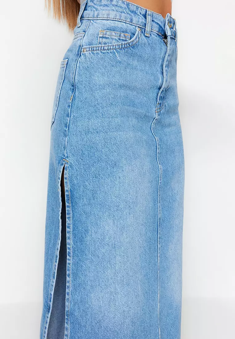 Buy Trendyol High Waist Maxi Denim Skirt with Slit Detail 2025