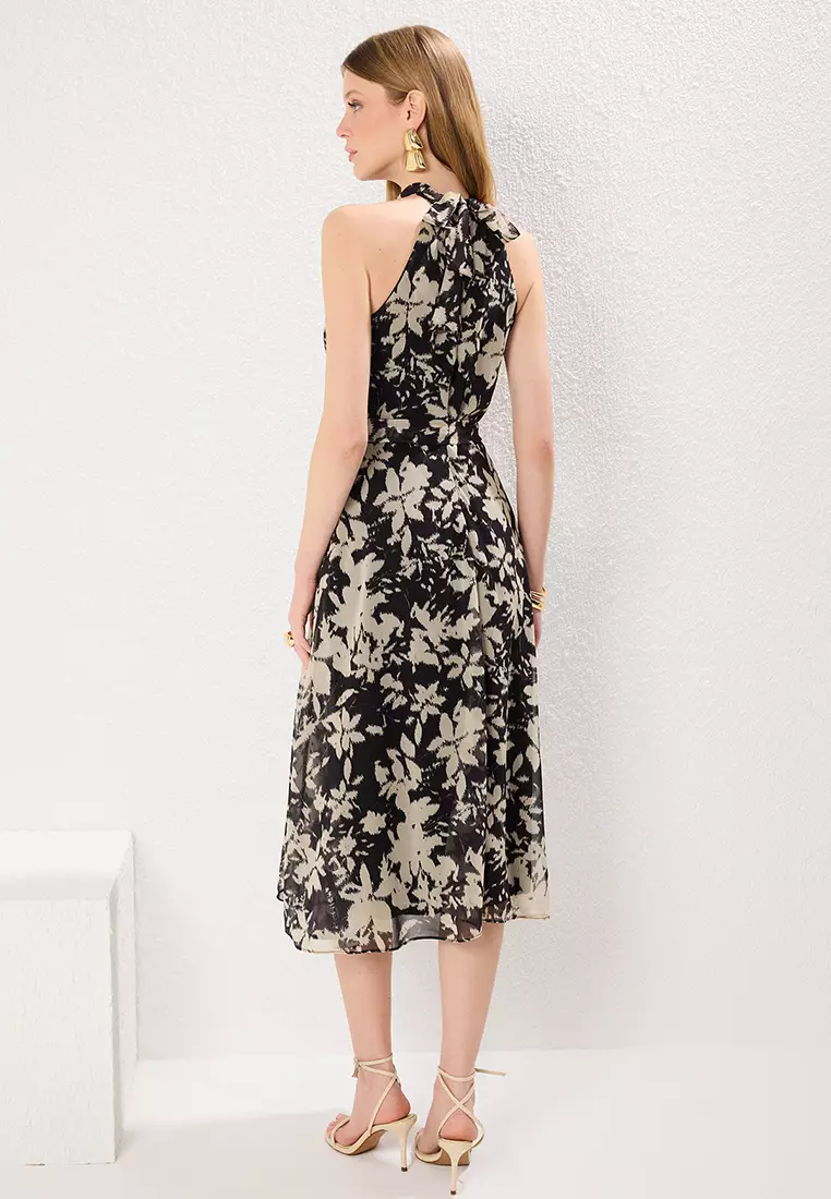 Black Belted Floral Belted Midi Woven Dress