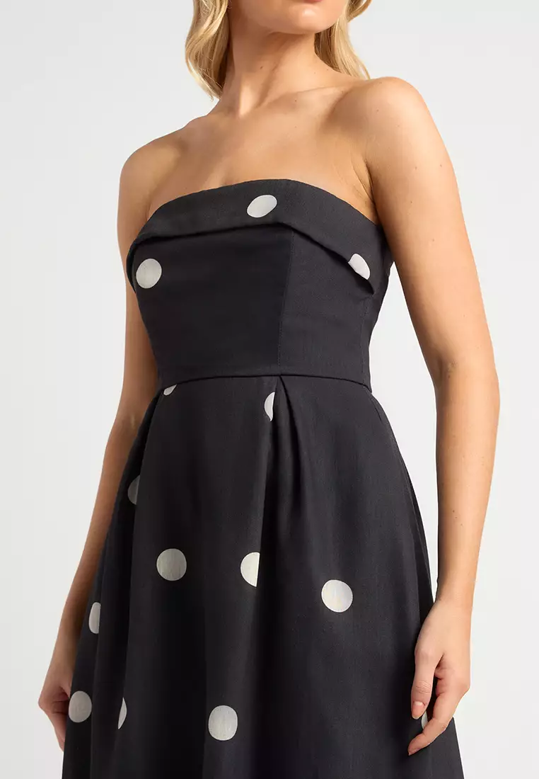 Polkadot Folded Neckline Midi Dress With Pockets