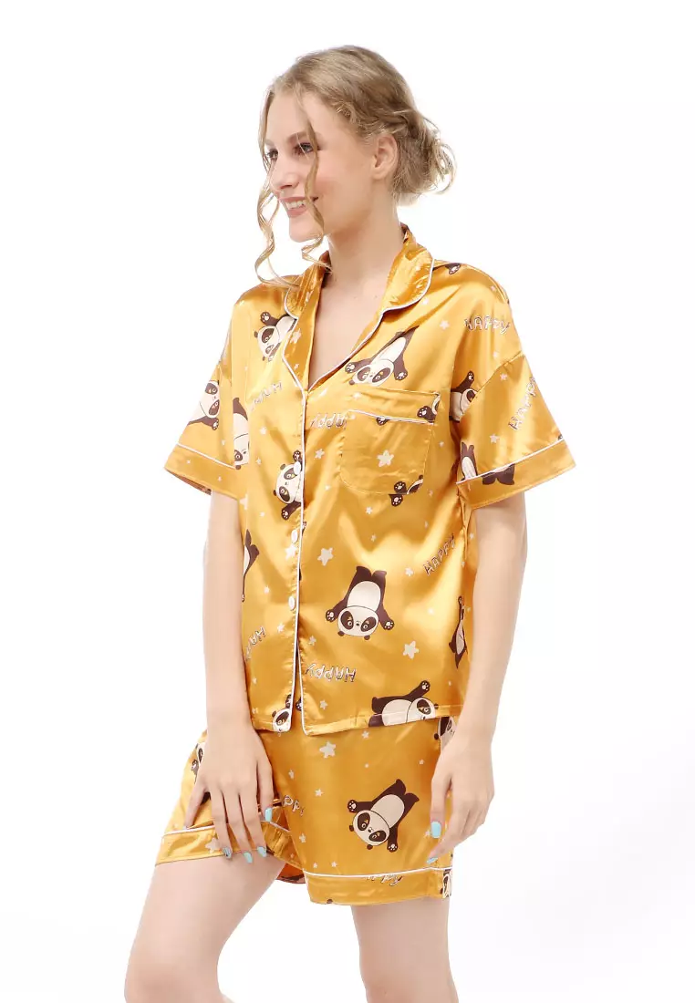 Vance Setelan Baju Tidur Wanita Lengan Pendek Motif Panda Material Satin ORIGINAL - Yellow