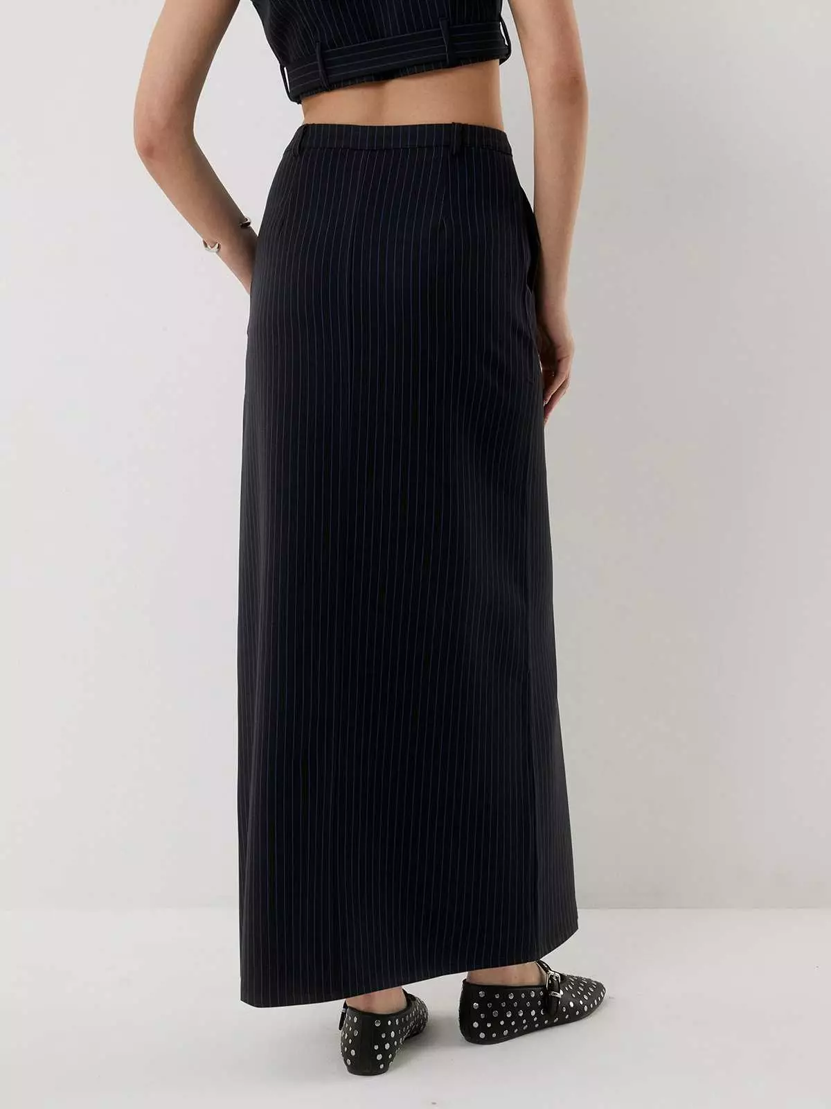Front Slit Pinstripe Maxi Skirt - Navy