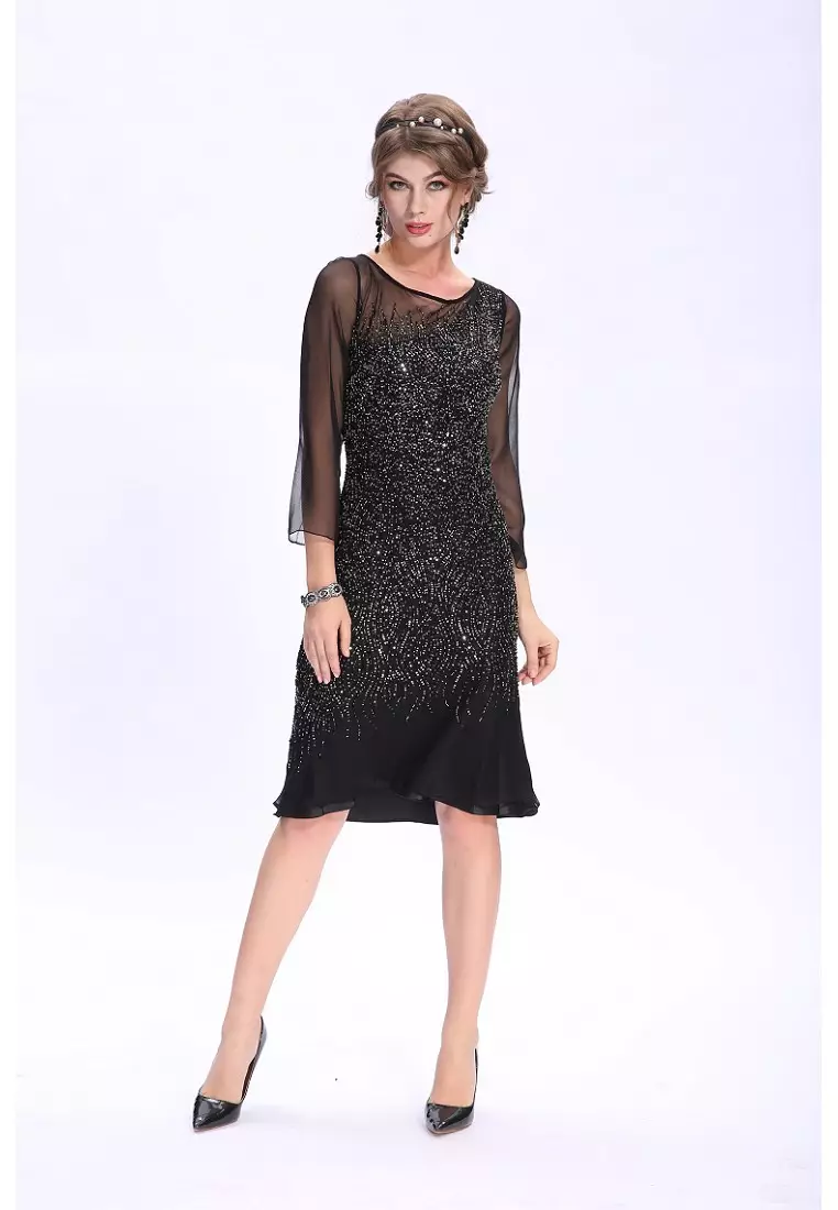 時尚釘珠短袖領修身晚裝短裙