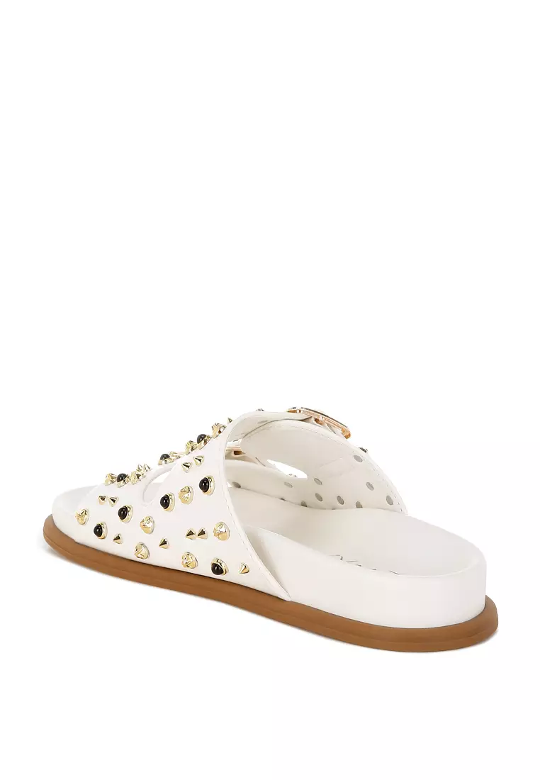 Metallic Stud Embellished Sliders In White