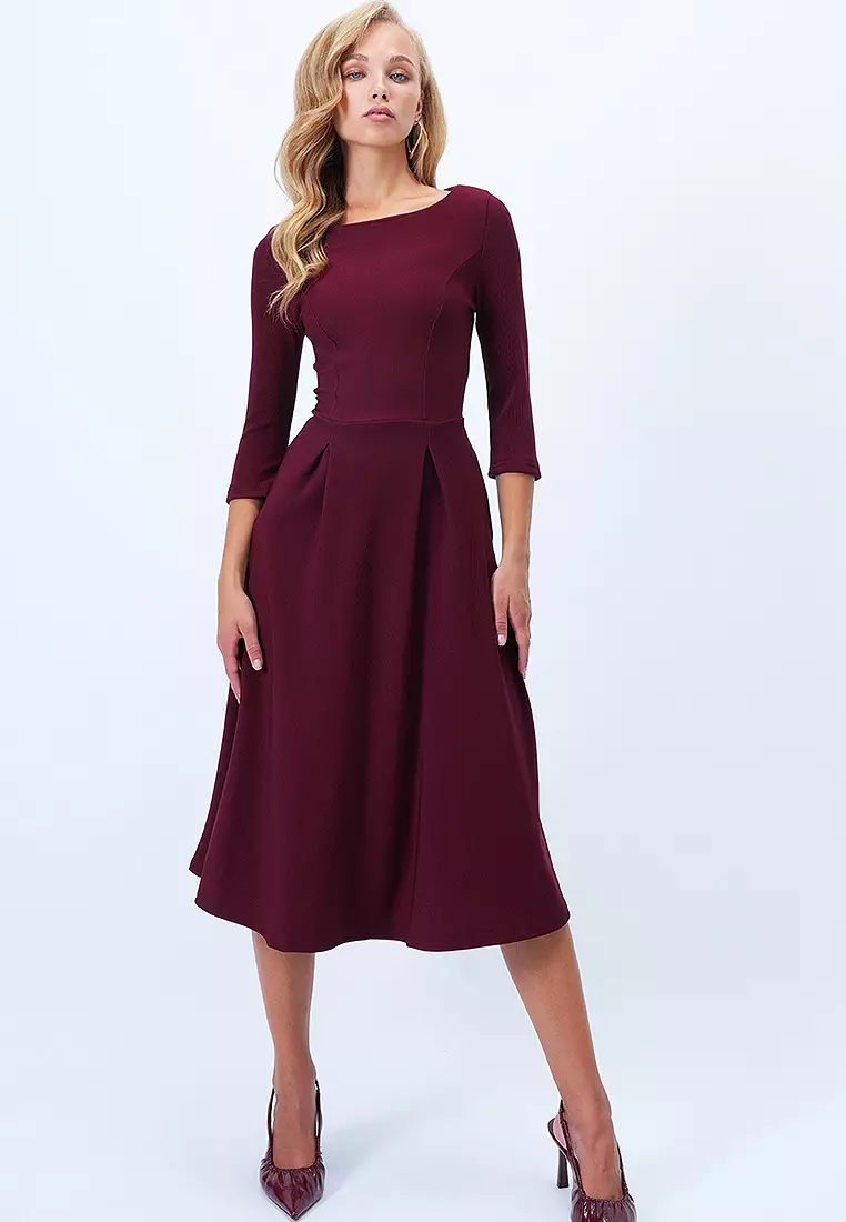 Boat Neck Flared Midi Dress