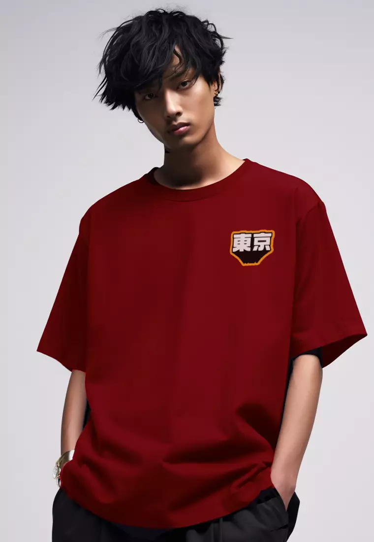 MTQ32 t shirt oversize pakaian oversized pria distro tulisan jepang tokyo flat dakir maroon