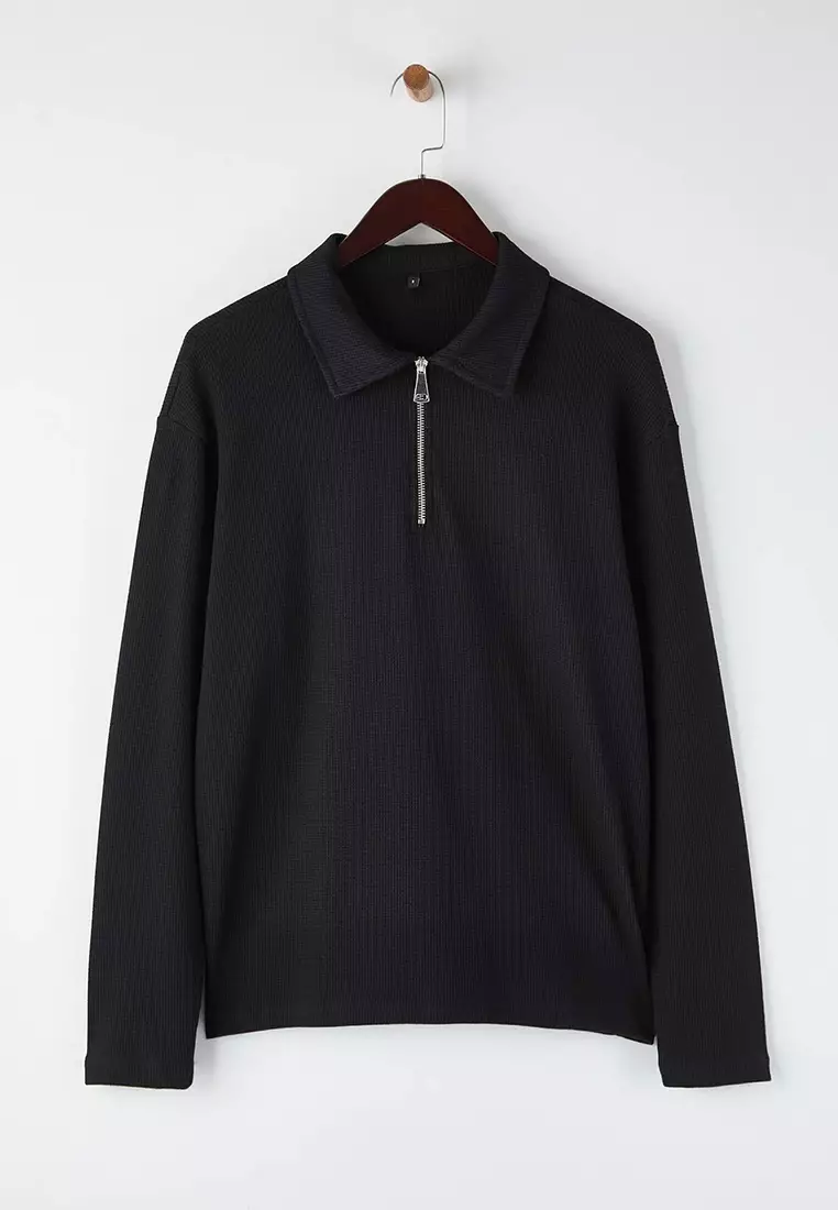 Black Oversize Polo Neck Plain Polo Neck T-Shirt/Sweatshirt