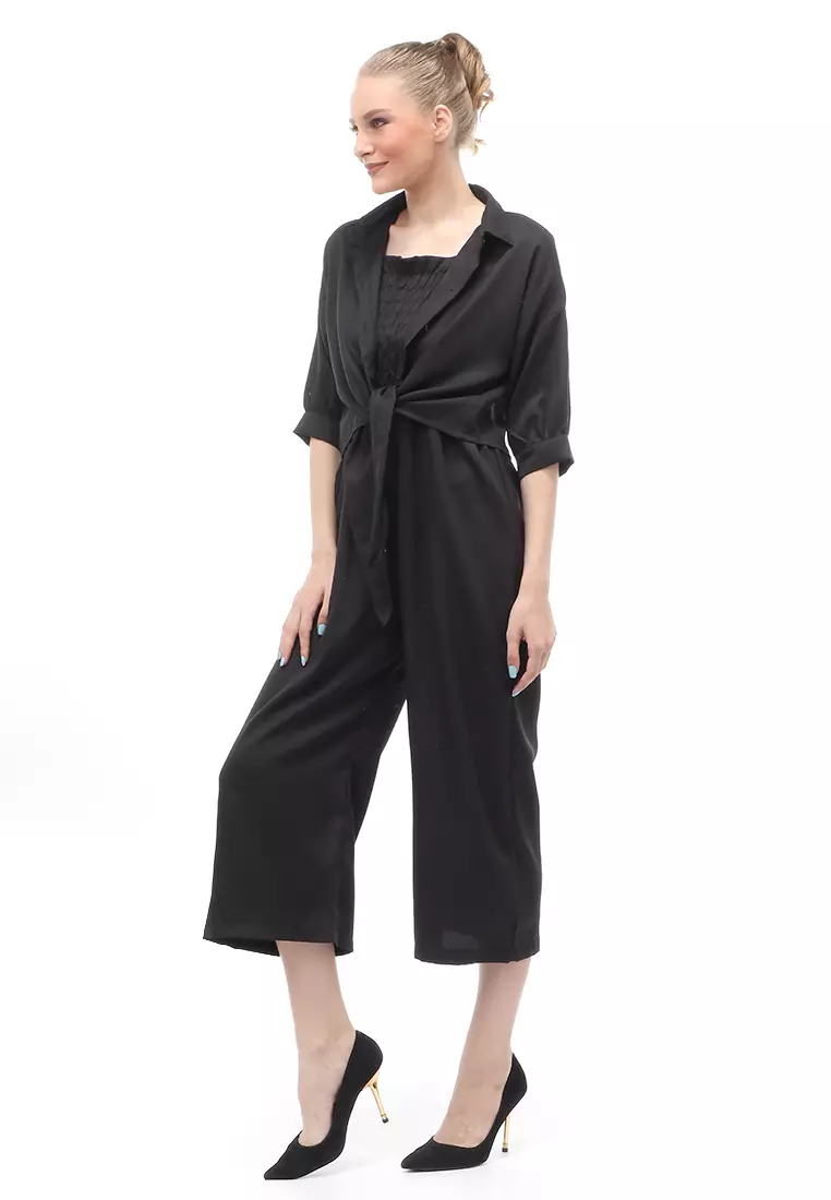 Jumpsuit Wanita Casual Motif Solid Setelan Relaxed Fit - Hitam