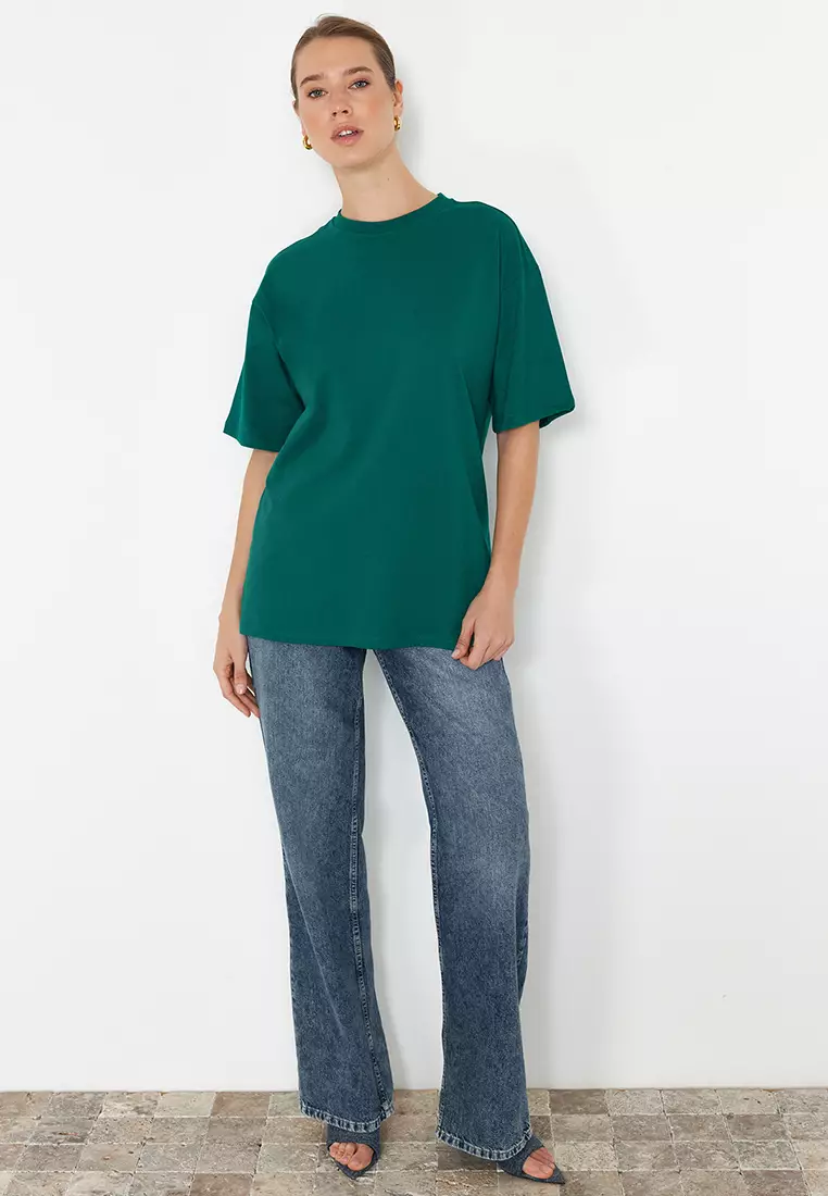 Emerald Green Oversize/Wide Fit Crew Neck Knitted T-Shirt