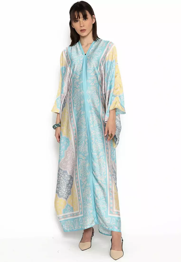 Kanzi Long Sleeve Blue Geometric Kaftan