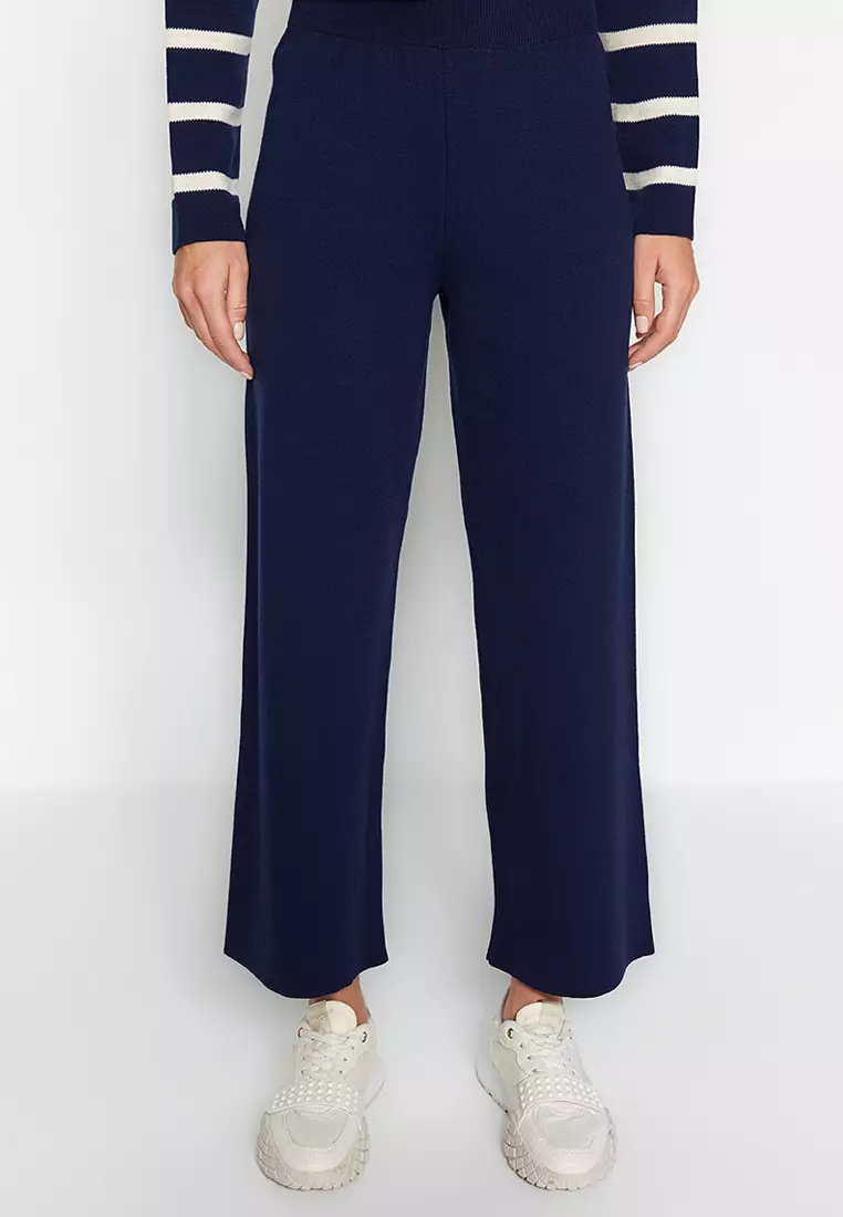 Navy Blue Striped Knitwear Trousers Bottom-Top Set TWOAW24AU00045