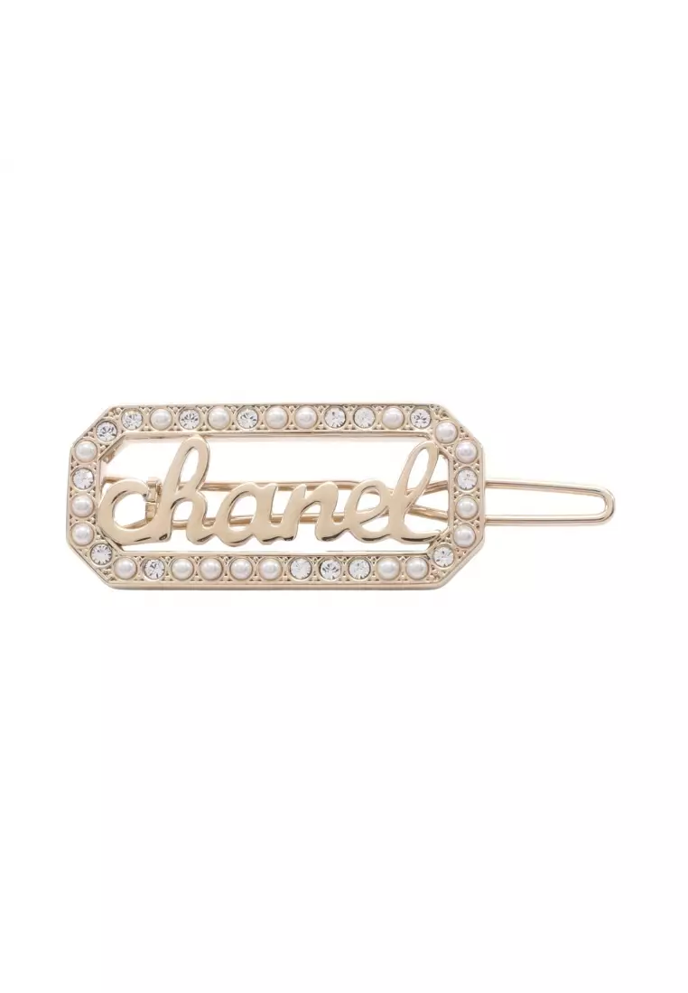 Pre-Loved Chanel logo Hair Clip GP Rhinestone Fake pearl gold clear white L23B