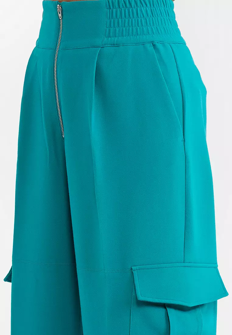 正面拉鍊高腰帶蓋口袋長褲