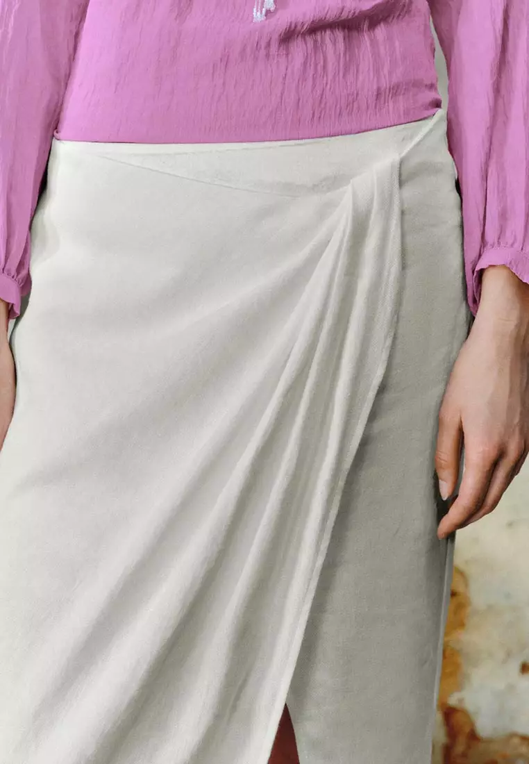 High Waist Ruched Draped Midi Wrap Skirt