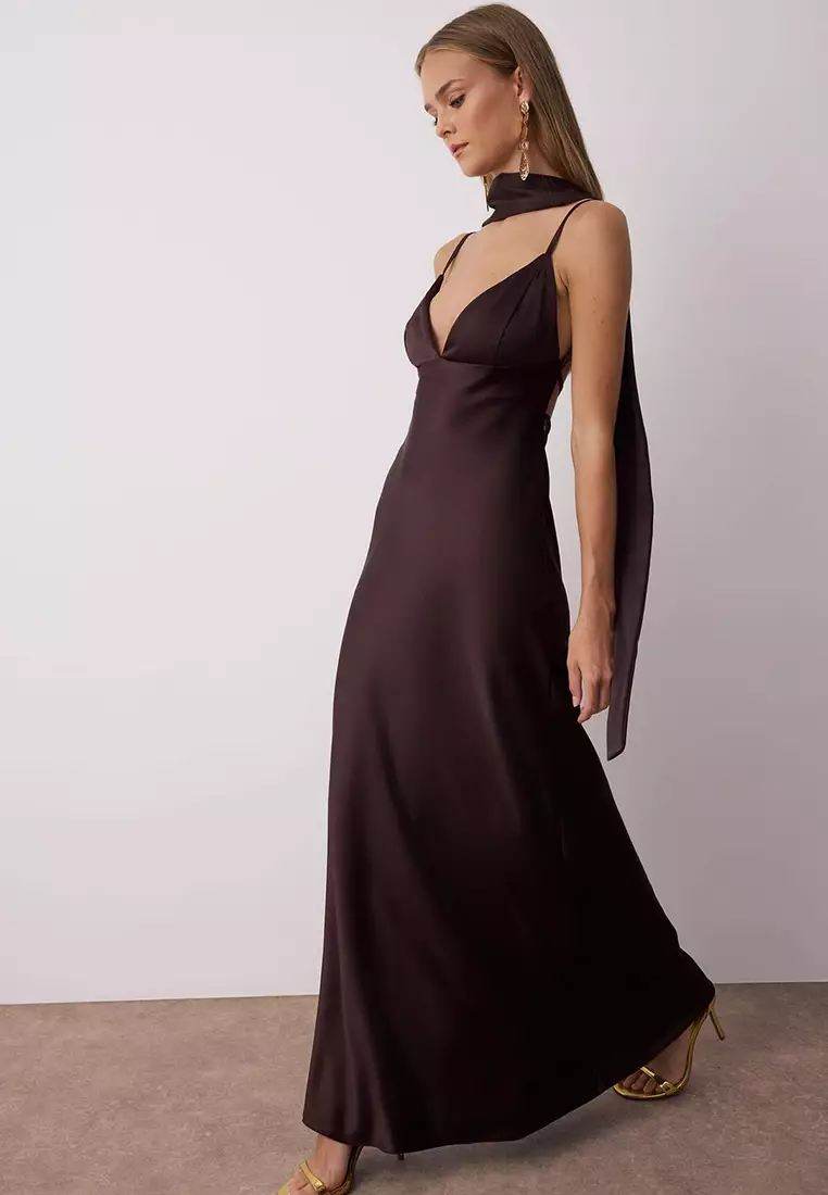 Brown Shawl Detailed Satin Woven Maxi Evening Night Graduation Dress