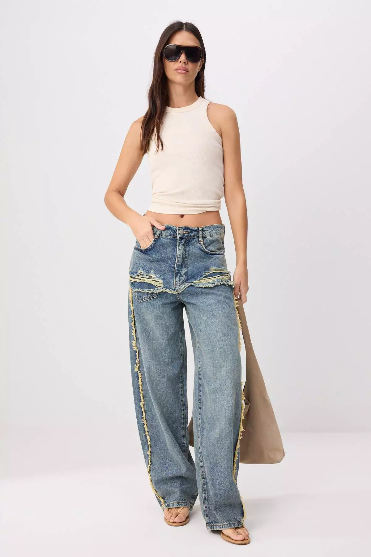 Blue Ripped Detailed High Waist Wide Leg Jeans Twoss26Je00353