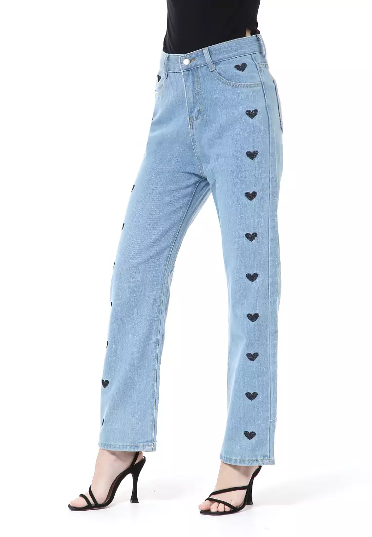 Stella Long Pants Boyfrend Jeans Wanita Model Love Samping Material Denim ORIGINAL - Light Blue