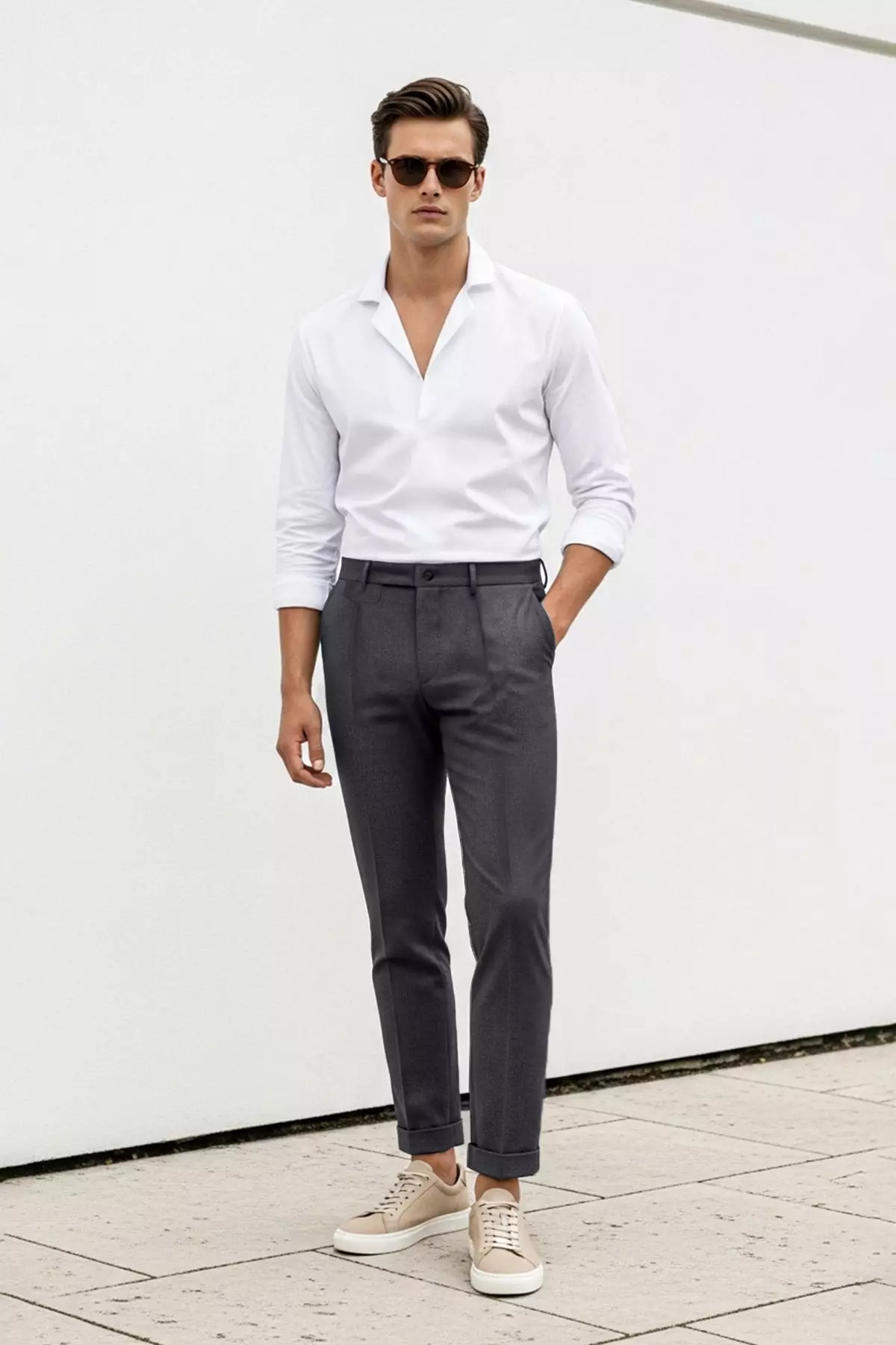 Anthracite Italian Cut Pleated Classic Double Leg Fabric Trousers Tmnss24Pl00022