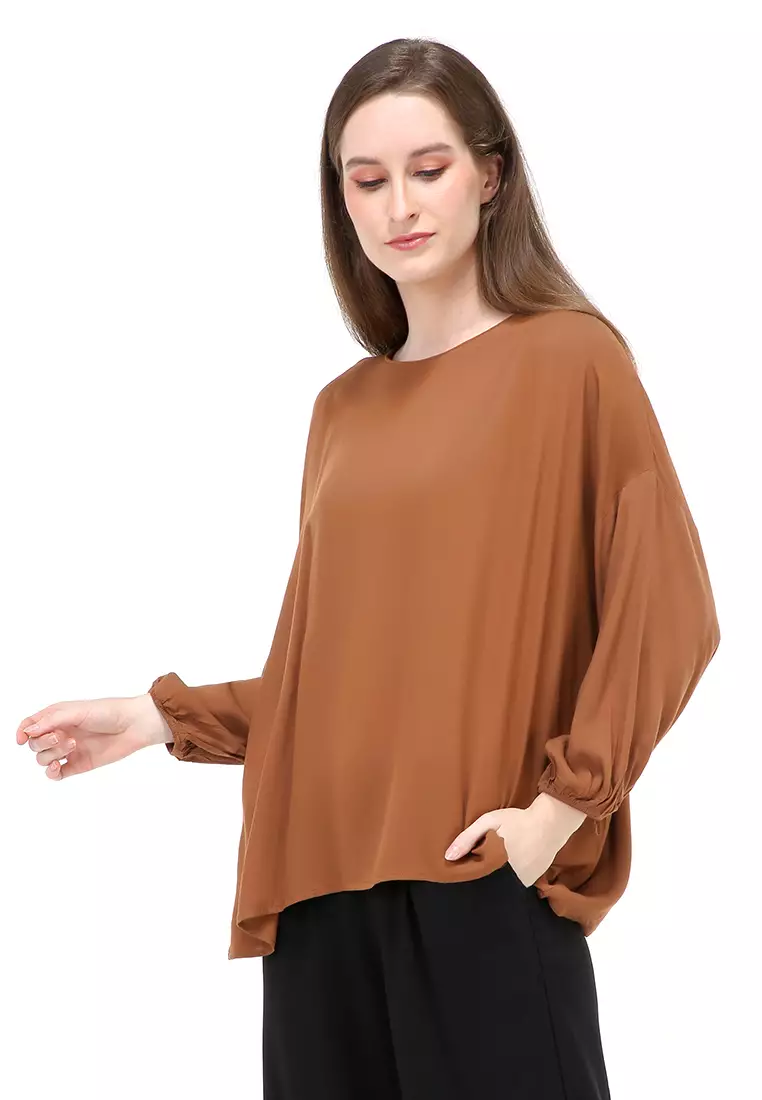 Jennifer Blouse Long Sleeves Wanita Motif Polos Atasan Casual - Caramel