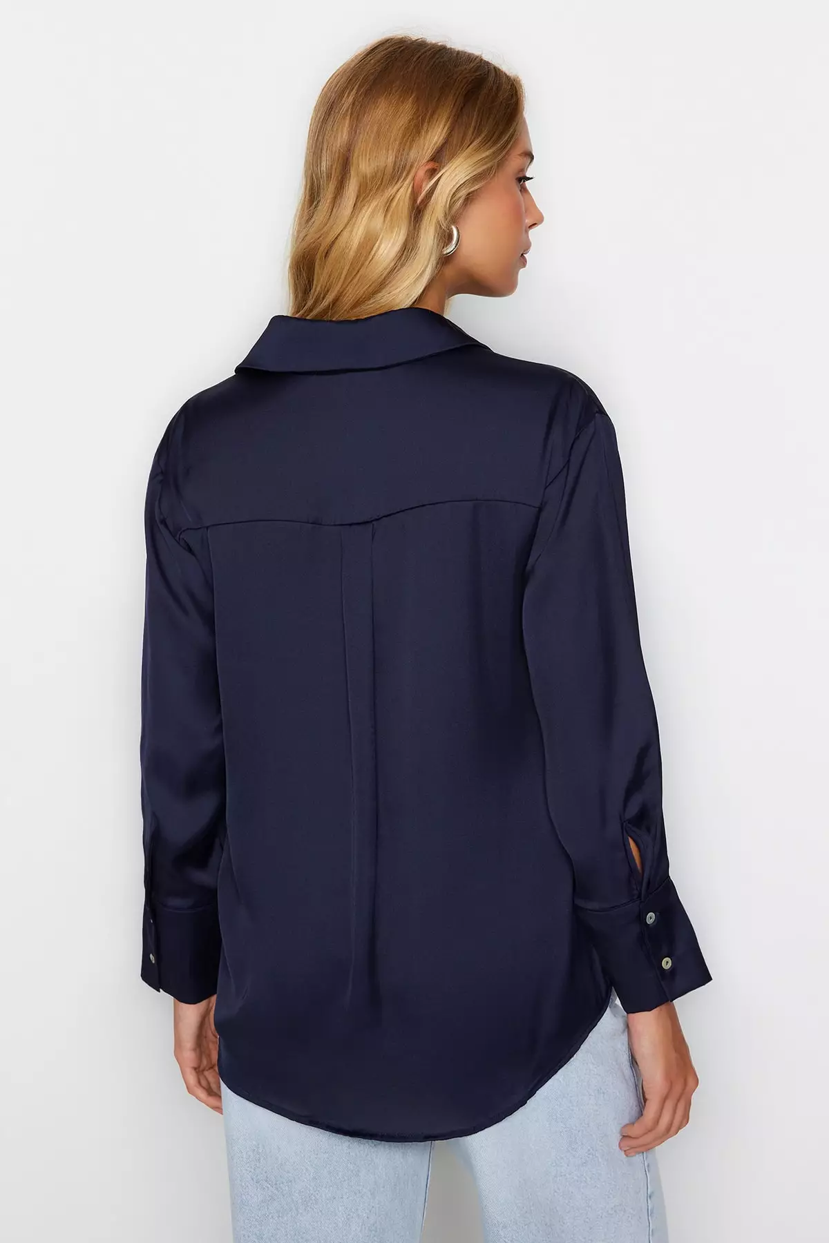 Navy Blue Oversize/Wide Fit Satin Woven Shirt Twoaw24Go211