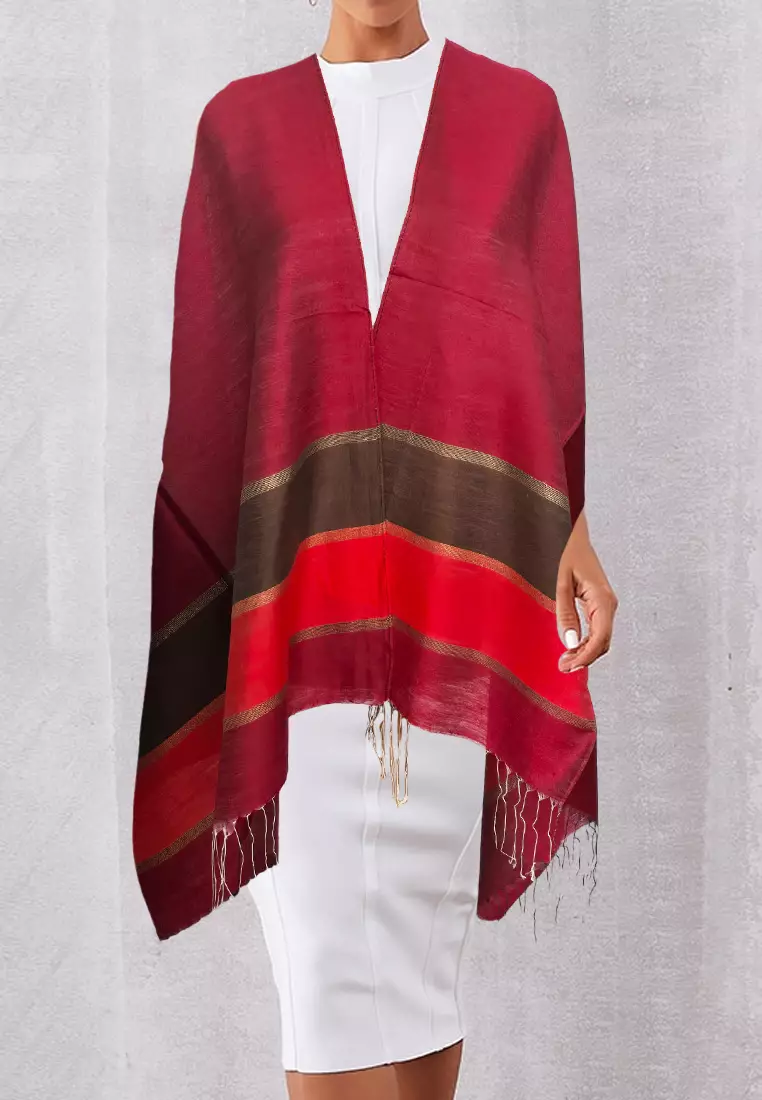 Aksesoris Scarf Wanita Raw Silk Stripes Border Shawl Syal Sutra Wanita  Maroon