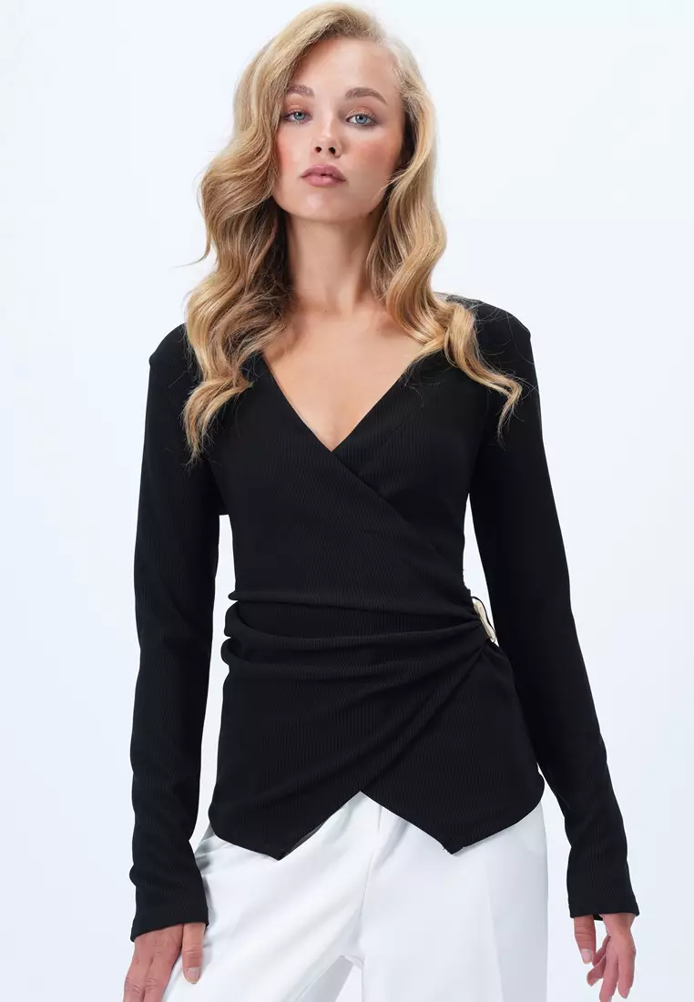 Double-Breasted V-Neck Brooch Detailed Blouse