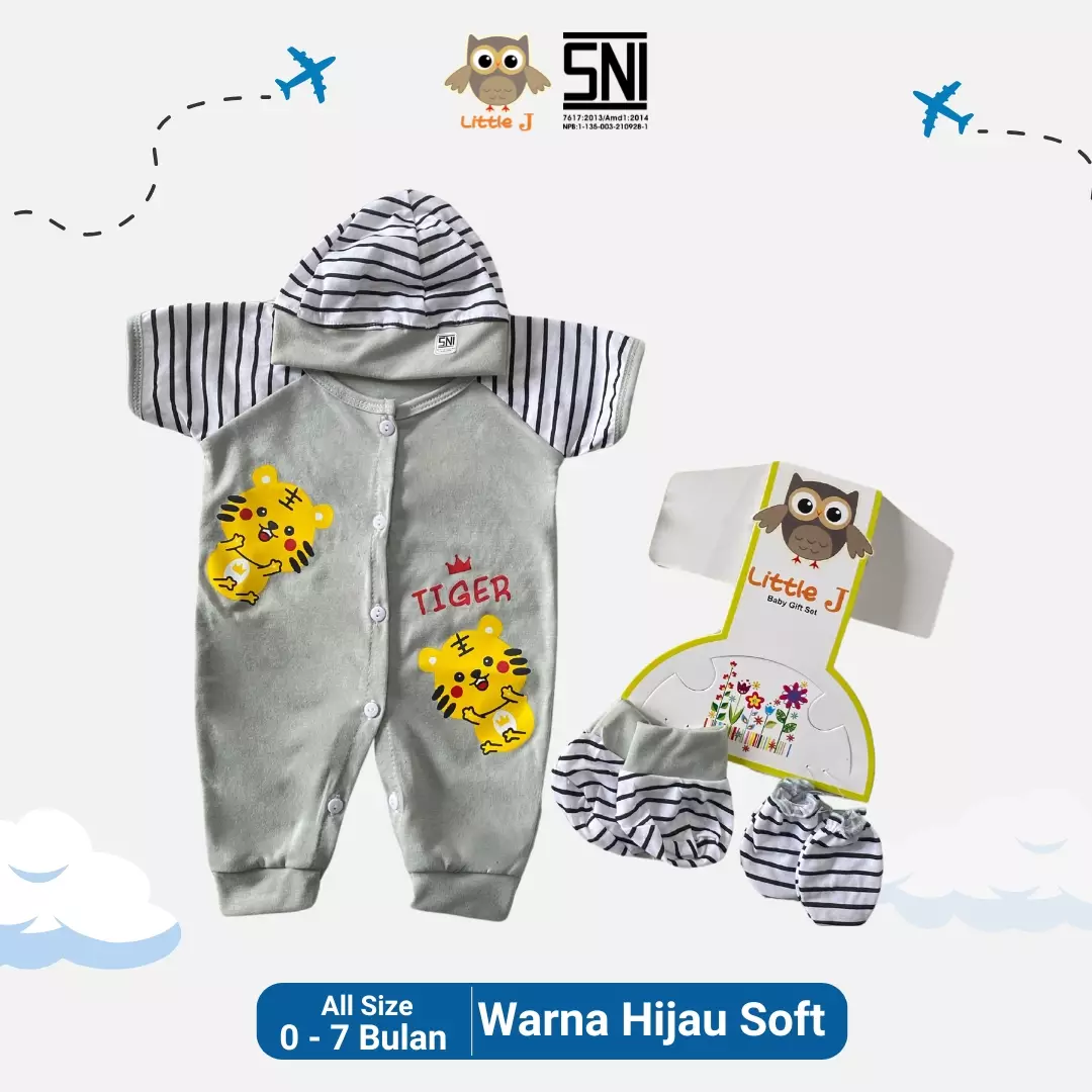 Little J - Bear Star Jumpsuit -Romper Set Baby 4 in 1 Bayi Laki laki Bayi Perempuan ( Sarung tangan,Sarung Kaki,Topi,Baju)