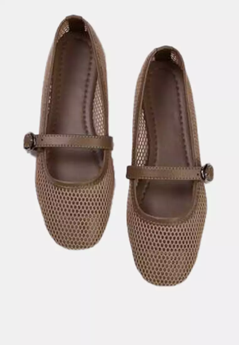 Beige Mesh Round Toe Mary Jane Women's Ballerinas Takss24Be00000