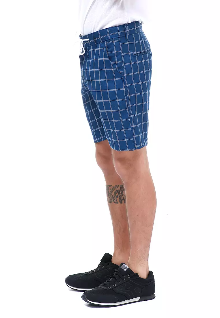 Rissham Celana Pendek Chino Pria Motif Tartan Casual Short Pants Material Cotton ORIGINAL - Navy