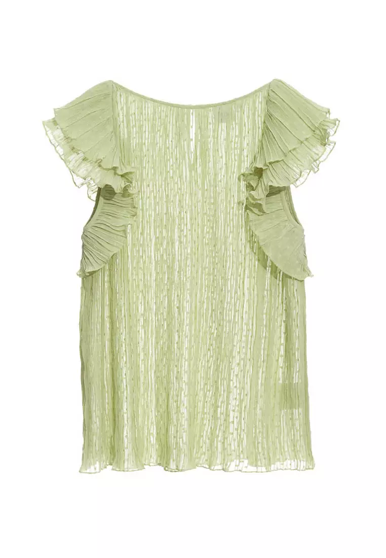 Loose Fit Green Vest With Pleated Ruffle Detail