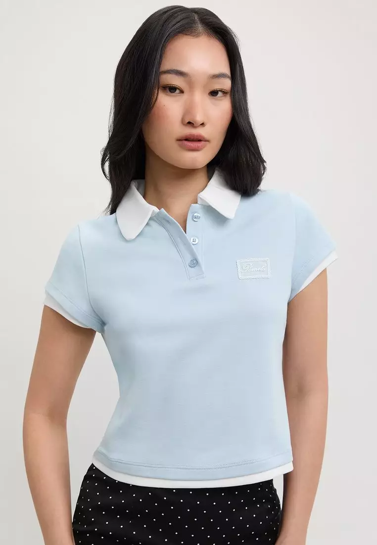 Contrast Collar Polo Crop Top - Blue