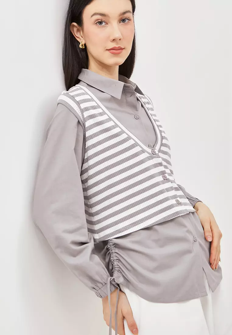 Jual Graphis GRAPHIS Side Ruched Shirt with Stripe Vest Set Original ...