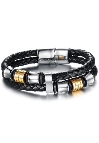 YOUNIQ black YOUNIQ Duo Titanium Steel Circle Genuine Black Leather Bracelet for Men 649A0ACD537311GS_1