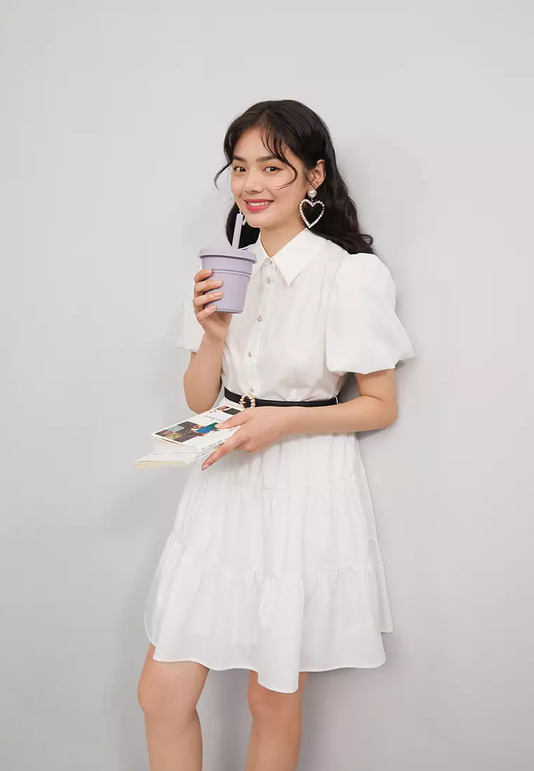 Puff Sleeve Button Top Mini Dress