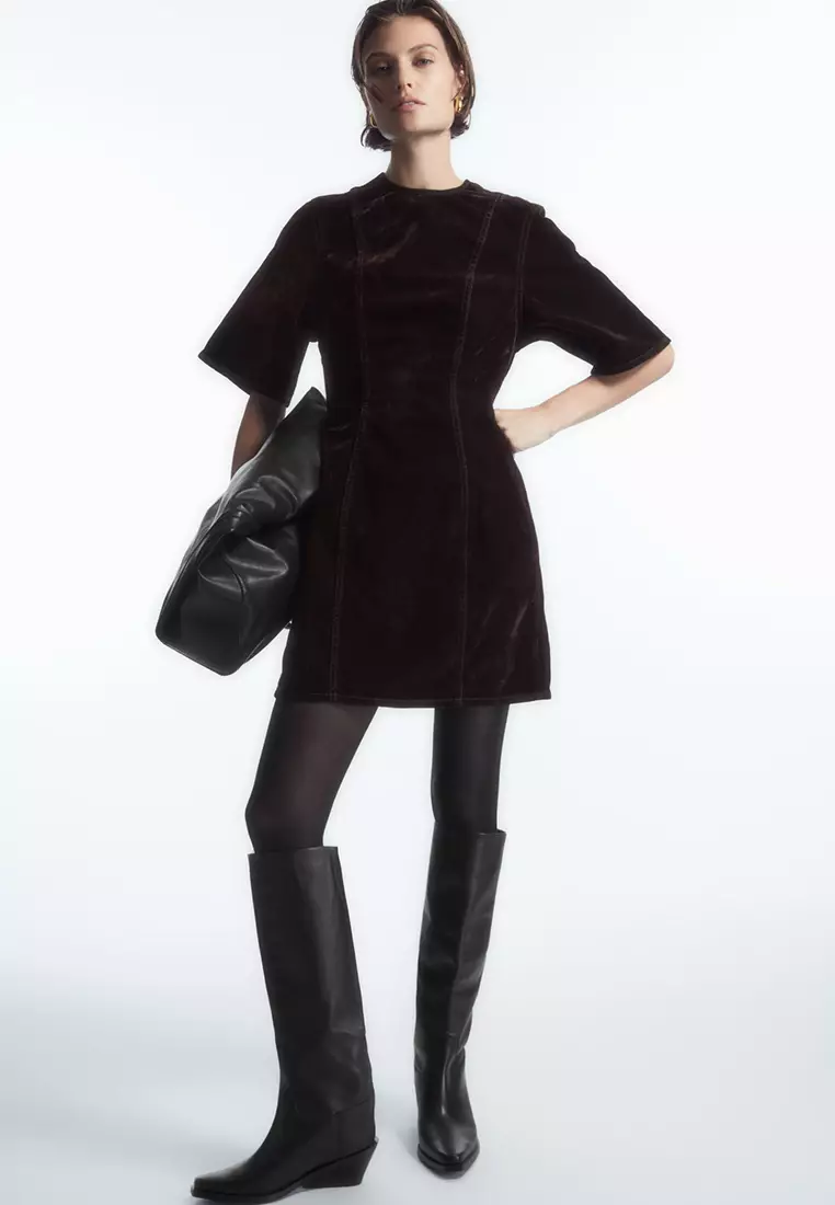 Flocked-Denim Panelled Mini Dress