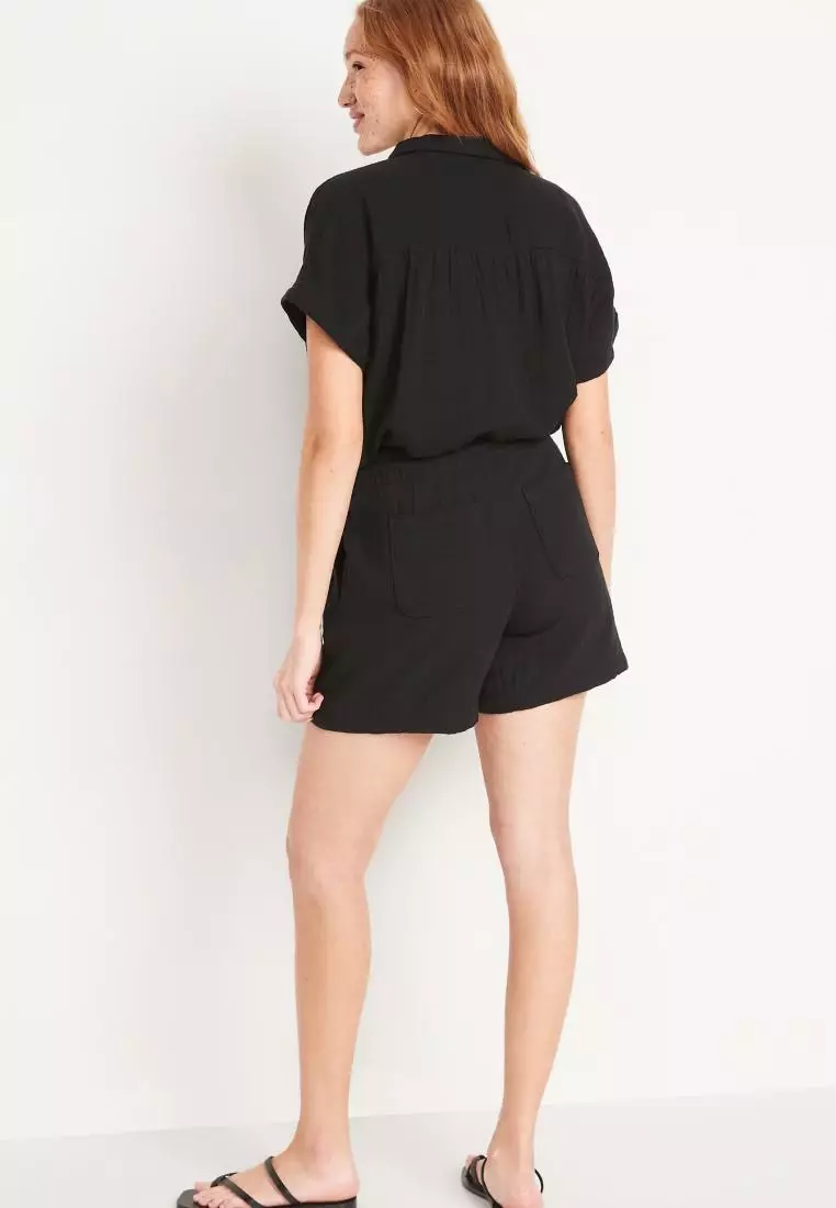 High-Waisted Textured Cotton Pull-On Shorts for Women -- 5-inch inseam