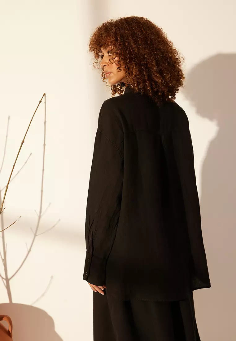 Black 1% Linen Pocket Detailed Oversized Shirt Twoss26Go39