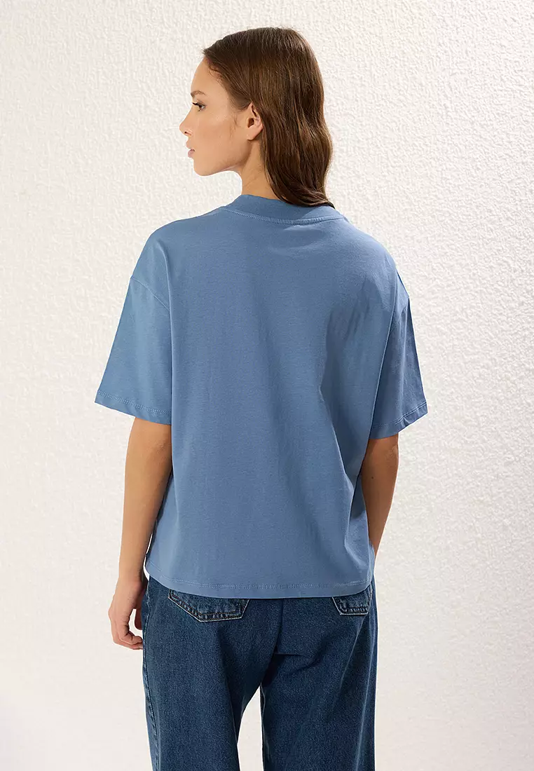 Indigo Stand Collar Three Quarter Sleeve Knitted T-Shirt