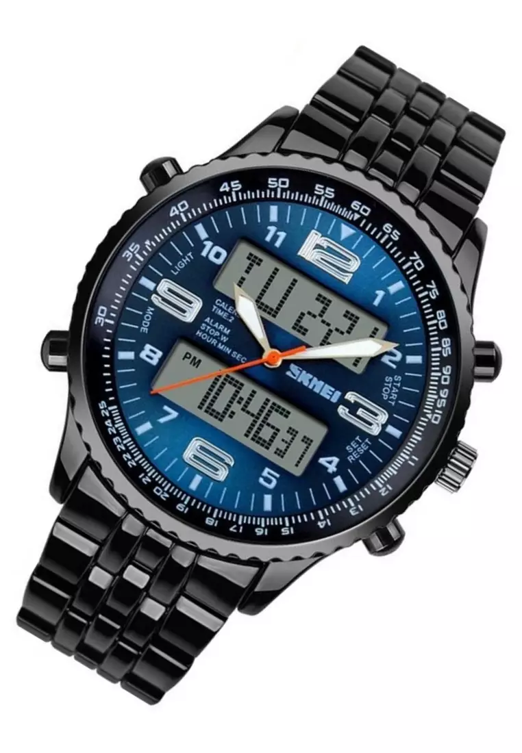 Jam Tangan Casual Analog Digital Pria LED Waterproof Strap Tali Material Stainless Steel NJ77 ORIGINAL