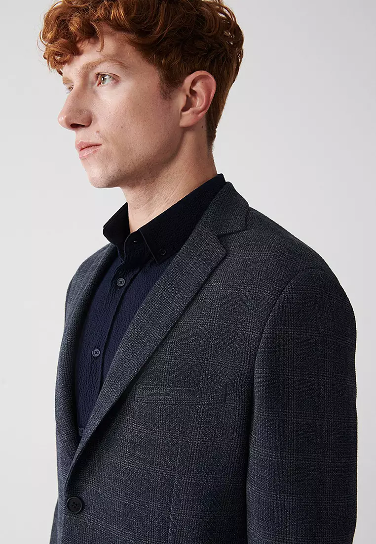 Men's Navy Blue 360 Degree Flexible Double Slit Unlined Jacket A32Y4051