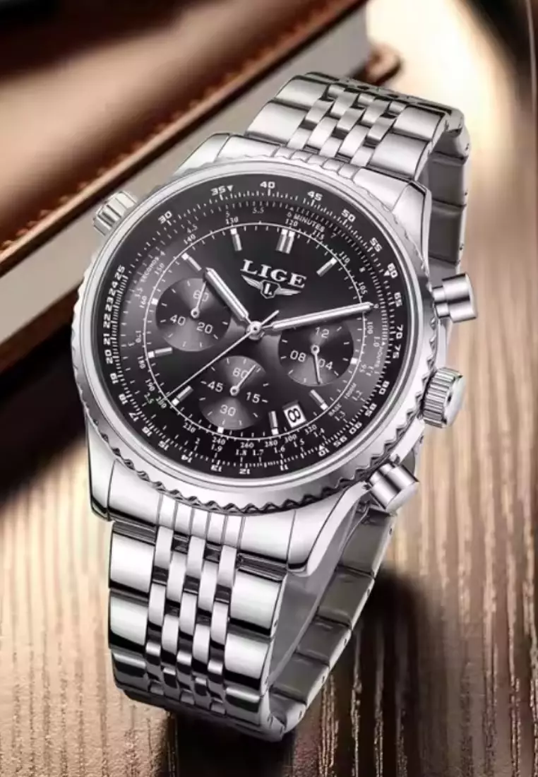 Unisex Chronograph Stainless Steel Quartz Watch, 44mm, Stainless Steel Bracelet