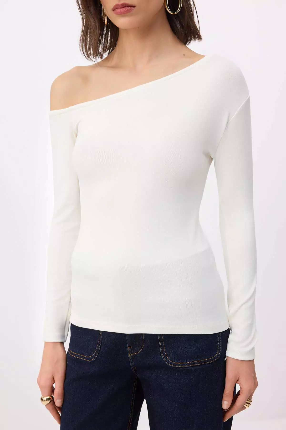Ecru Fitted/Asymmetrical Collar Long Sleeve Stretchy Knitted Blouse Twoss26Bz719