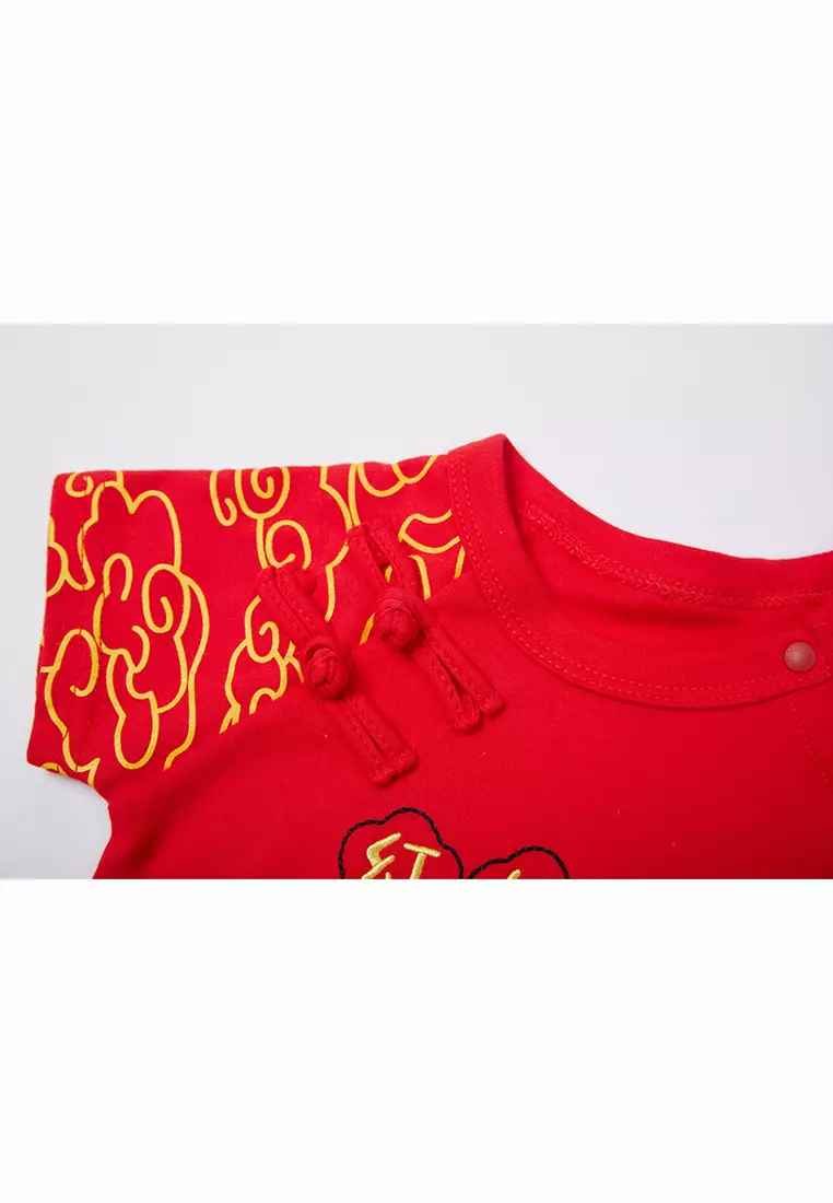 男童紅色我的第一個新年和紅包放這唐裝連體衣