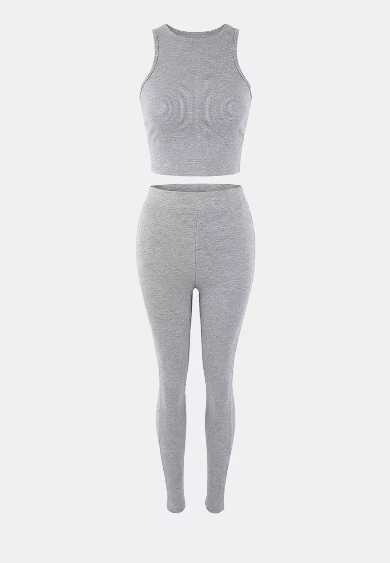Gray Melange 3-Piece Oversized /Wide Fit Hooded Tights Knitted Bottom - Top Set Twoaw26Au151