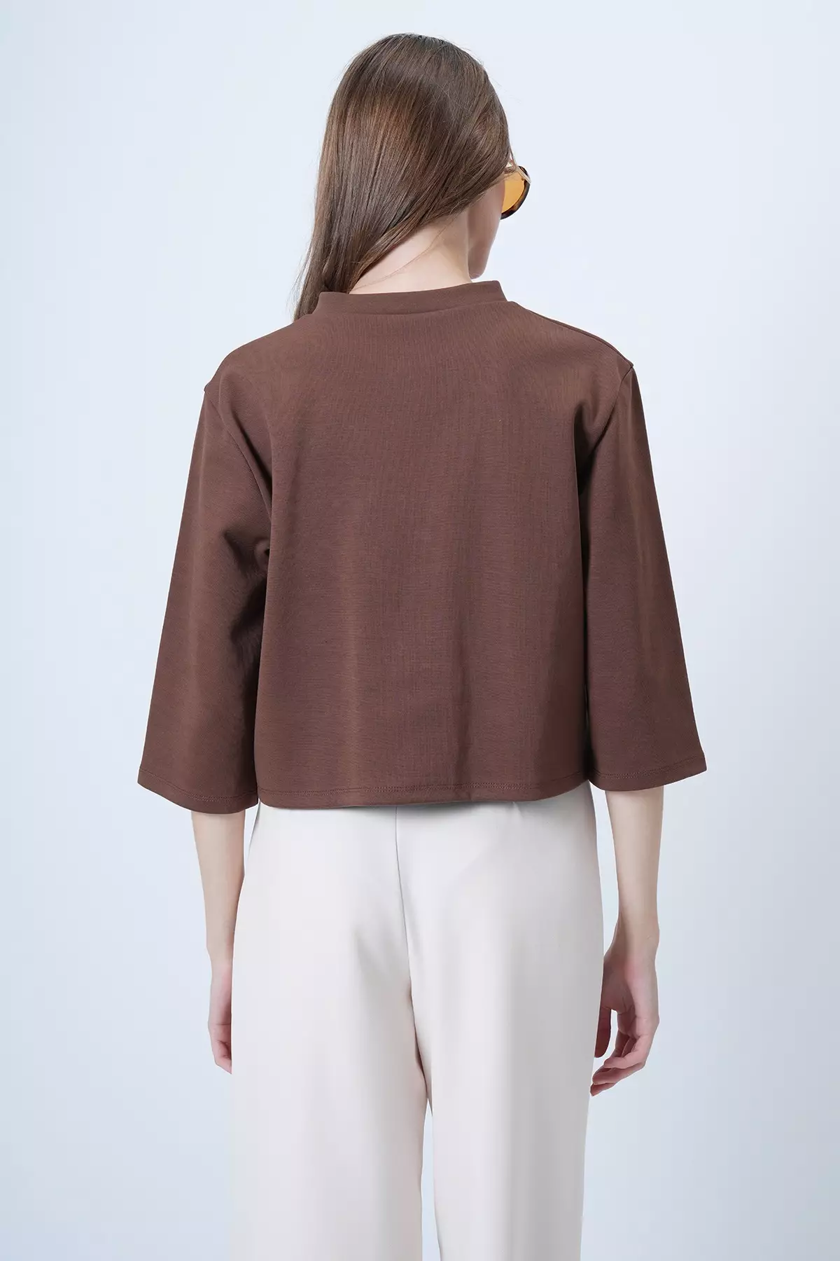 Brown Coated Buttoned Crew Neck Special Design Crop Jacket Alc-X14647