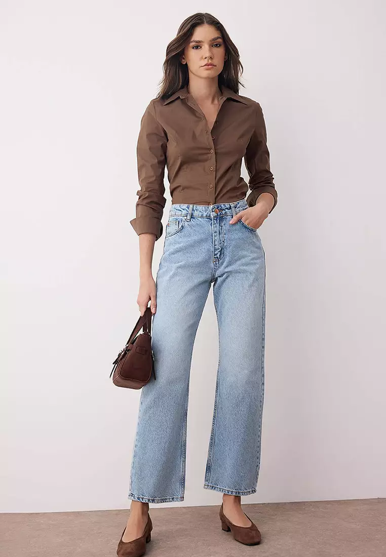 Light Blue High Waist Relaxed Straight Cut Straight Leg Jeans Twoaw26Je00063