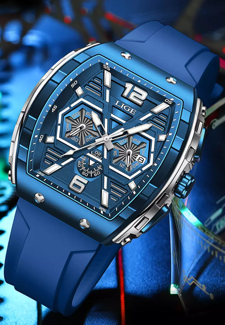 Unisex Tonneau Shaped IP Blue Quartz Watch on Rubber Strap