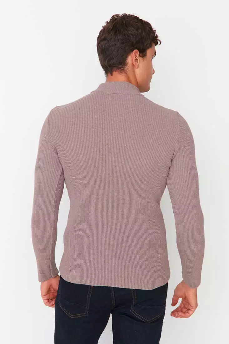 Slim Fit Buttoned Polo Neck Corduroy Knitted Sweater