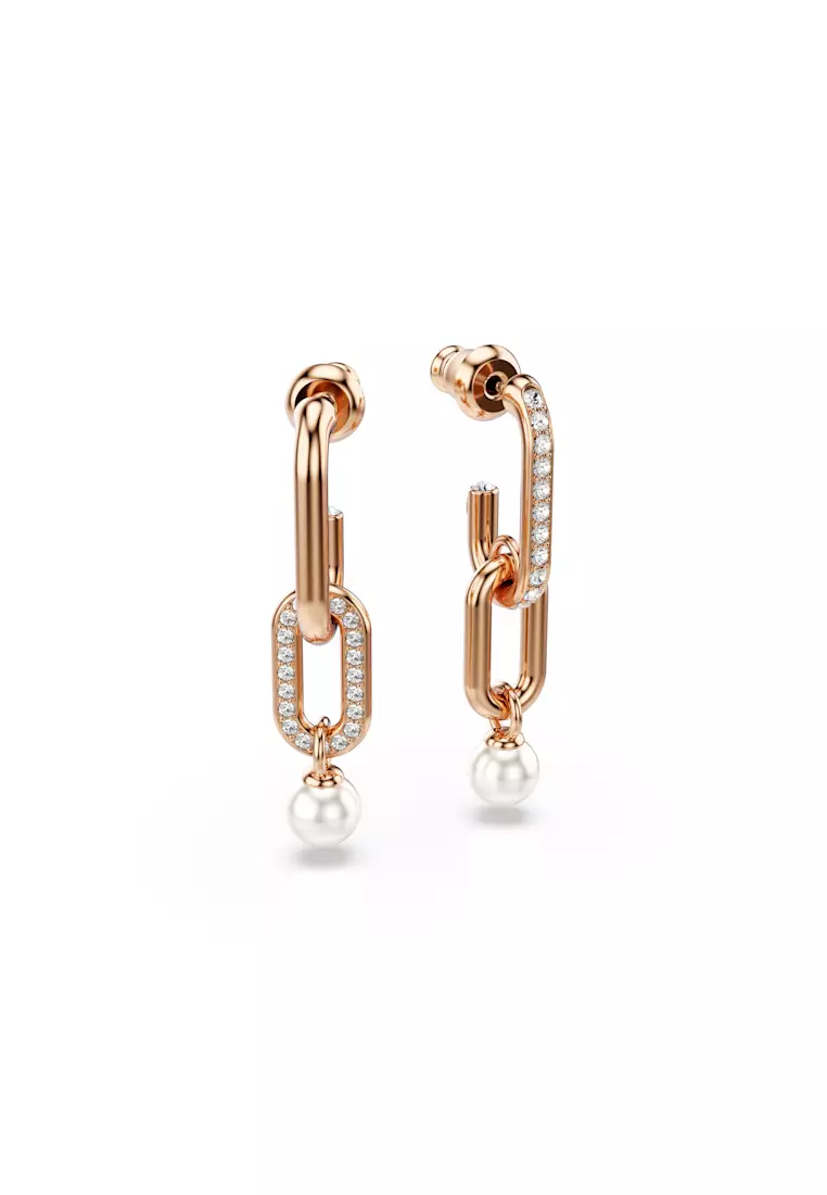 Constella drop earrings, Crystal pearl, Round cut, White, Rose gold-tone plated