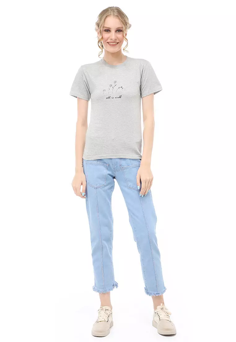 Genevie T-Shirt Kaos Kasual Wanita All Is Well Short Sleeve Material Cotton Combed ORIGINAL - Light Misty