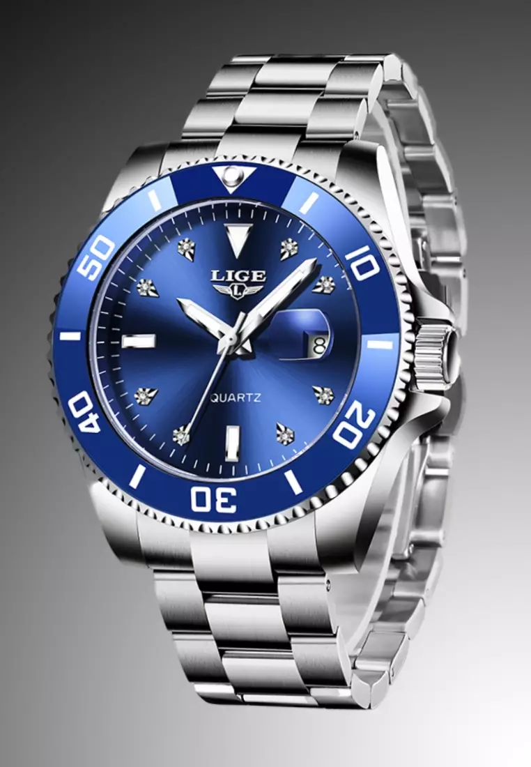 Unisex Classic Diver's Stainless Steel Quartz Watch, Stainless Steel Bracelet